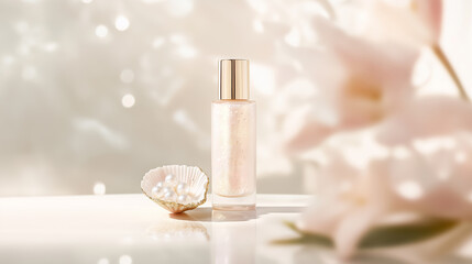 Poster - Elegant fragrance bottle next to a shell filled with pearls and surrounded by soft floral decor