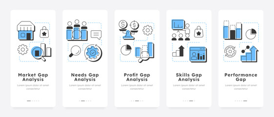 Wall Mural - types of gap analysis mobile app onboarding screens. data research methods. corporate performance ma