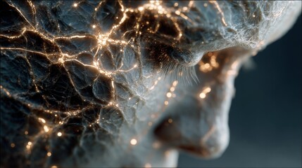 Poster - A close-up reveals a human face adorned with glowing connections and intricate patterns, symbolizing the blend of organic and digital realms in contemporary society.