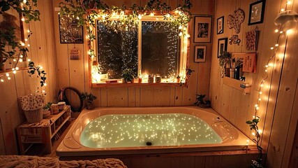 Poster - Cozy bathroom with string lights and a warm ambiance.