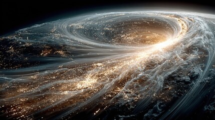Poster - A vibrant cosmic whirlpool is depicted, featuring bright golden light amidst swirling clouds of stardust in deep space, capturing the beauty and complexity of the universe.
