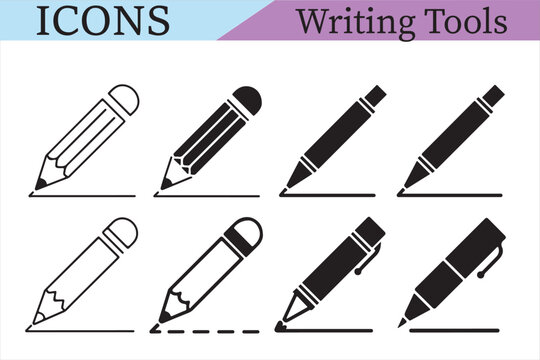 Writing Tools Icons: A set of minimalist pen and pencil icons, each illustrating a distinct writing tool ready to capture thoughts and ideas. Capturing the essence of creativity and communication.