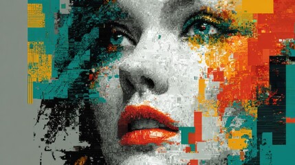 Poster - An artistic representation shows a woman's face with striking features and bold colors, combining elements of abstraction and digital artistry to create a vibrant composition.