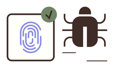 Poster - Fingerprint inside a square with a checkmark and bug icon next to it, illustrating safe access and cyber threats. Ideal for cybersecurity, hacking, identity protection, data breaches, software