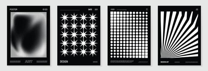 Poster - Abstract monochrome poster background vector set. Modern cover template with black and white perspective geometric prism shape, line, dot halftone. Ideal design for social media, banner, ads.