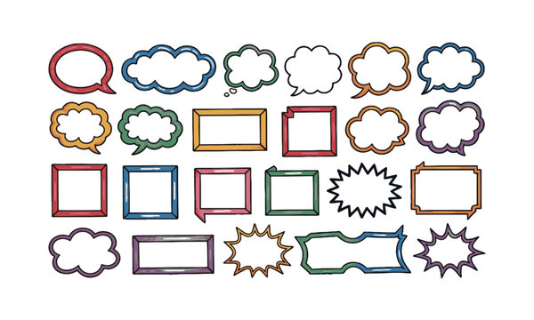 Modern vector illustration of a hand-drawn doodle-style asset pack of colorful speech bubbles, rectangular and round frames, arrows, banners, explosion bursts, wavy lines, easily editable.