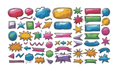Leinwandbilder - Modern vector illustration of a hand-drawn doodle-style asset pack of colorful speech bubbles, rectangular and round frames, arrows, banners, explosion bursts, wavy lines, easily editable.
