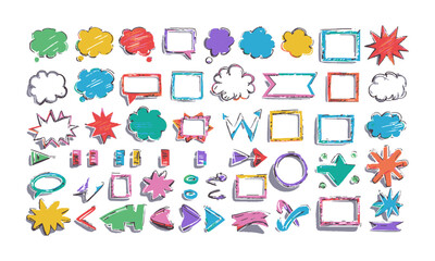 Leinwandbilder - Modern vector illustration of a hand-drawn doodle-style asset pack of colorful speech bubbles, rectangular and round frames, arrows, banners, explosion bursts, wavy lines, easily editable.