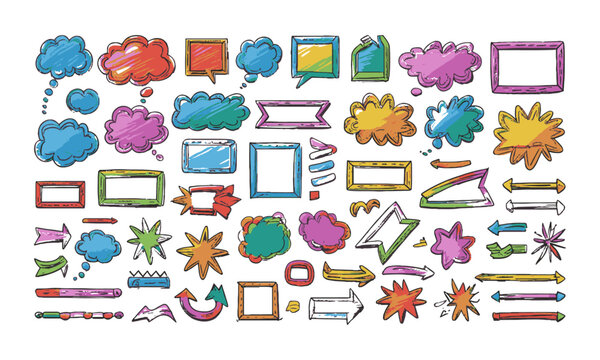 Modern vector illustration of a hand-drawn doodle-style asset pack of colorful speech bubbles, rectangular and round frames, arrows, banners, explosion bursts, wavy lines, easily editable.