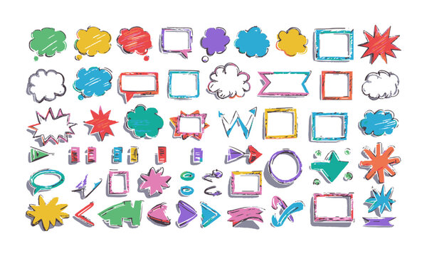 Modern vector illustration of a hand-drawn doodle-style asset pack of colorful speech bubbles, rectangular and round frames, arrows, banners, explosion bursts, wavy lines, easily editable.