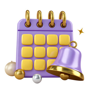 3D Render of Purple Calendar and Bell Reminder Icon Event Scheduling and Notification Design
