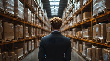 Poster - Businessman analyzing inventory data in a warehouse
