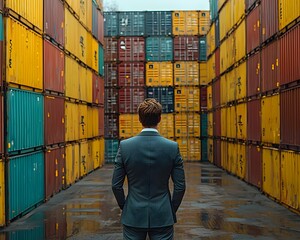 Poster - Corporate executive overseeing a vast warehouse of shipping containers