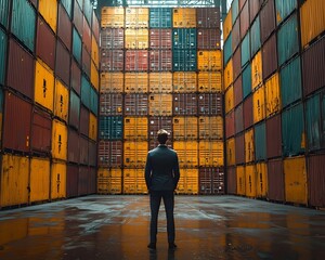 Poster - Businessman overseeing a large warehouse filled with stacked shipping containers