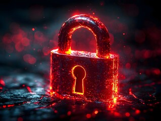 Poster - Glowing red digital padlock on a dark background