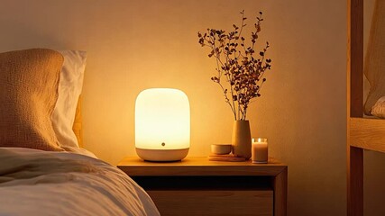 Poster - Warm-toned bedroom scene with table lamp and dried flowers