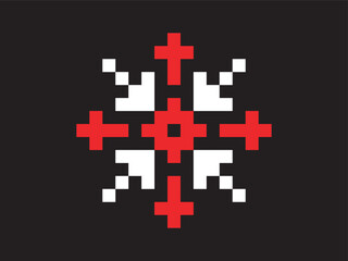 Poster - Simple Pixelated Cross Snowflake on Black Background in Red and White