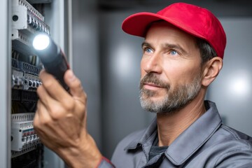 Poster - Electrician inspecting electrical panel with flashlight