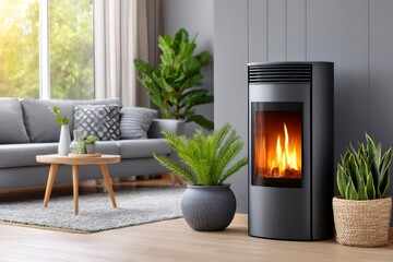 Poster - Modern freestanding fireplace warming living room with sofa and plants