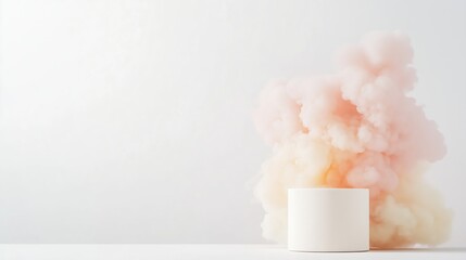 Poster - Colorful smoke disperses around minimalist white object in bright, airy space