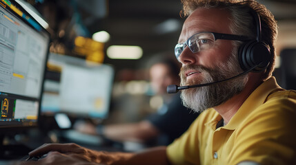Poster - Professional in headset monitors data streams while collaborating with a team in a busy technology workspace during evening hours