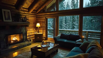 Poster - Cozy log cabin living room with fireplace and snow view