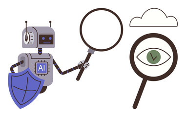 Poster - Robot with AI label holds magnifying glass, shield, focuses on eye under glass with clock. Ideal for security, AI research, cloud analysis, data protection, cybersecurity, innovation simple flat