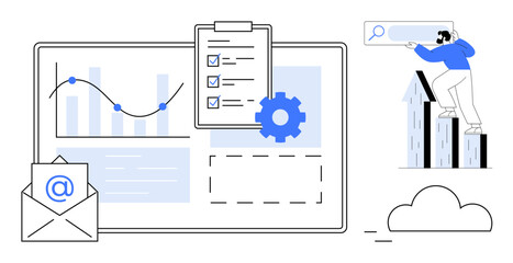 Poster - Data visualizations, gear settings, checklist on clipboard, email, cloud, and search highlight analysis, productivity, digital marketing technology innovation research and development. Simple