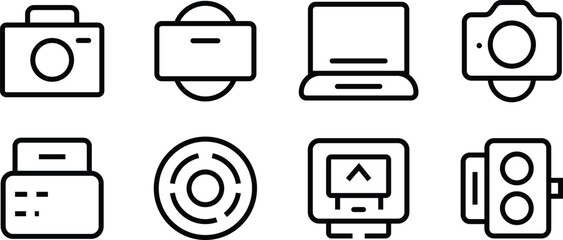 Poster - Collection of eight simple line art icons representing technology and media isolated on white background