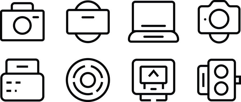 Collection of eight simple line art icons representing technology and media isolated on white background