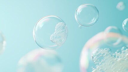 Poster - Delicate soap bubbles floating gracefully in a light blue background with a soft focus during a sunny afternoon