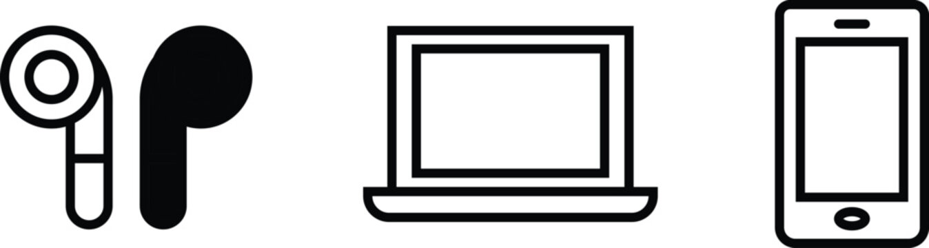 Set of icons representing wireless earbuds laptop and smartphone isolated on white background