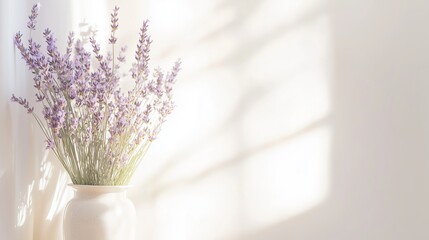 Poster - Beautiful lavender bouquet placed in a vase, lit by soft sunlight in a serene indoor setting