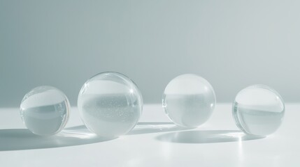 Poster - Clear glass spheres arranged in a row on a light surface during soft natural lighting