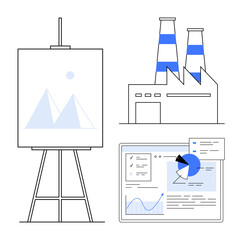 Poster - Factory building with chimneys, interactive analytics dashboard featuring graphs, and easel with a presentation board. Ideal for industry, technology, analytics, presentation, energy, innovation
