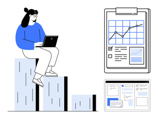 Poster - Woman seated on bar graph reviewing data on a laptop, clipboard with chart and checklist, webpage layout. Ideal for business, analytics, planning, strategy, growth organization productivity. Simple