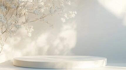 Poster - Soft floral display on a circular pedestal with gentle lighting in a serene setting
