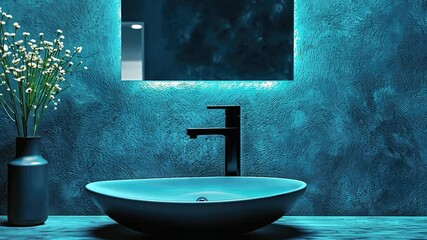 Poster - Teal bathroom sink with vase of flowers
