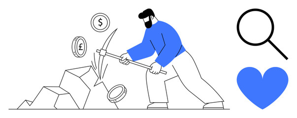 Poster - Man using pickaxe to mine coins from rocks, with dollar, euro symbols, magnifying glass, blue heart. Ideal for finance, investment, motivation, teamwork data search goals simple landing page