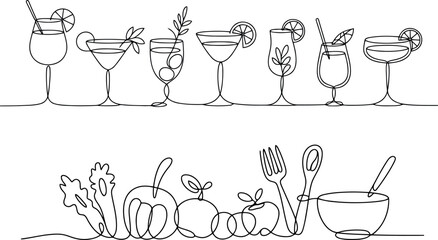 Fototapete - A diverse and appealing collection of drinks and food items are artfully arranged in two continuous line drawings. 