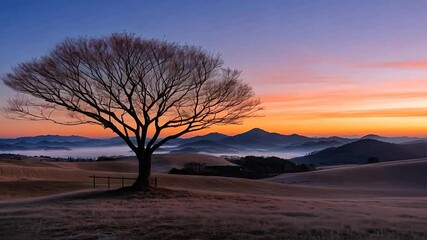 Poster - Sunrise over a field with a lone tree and mountains