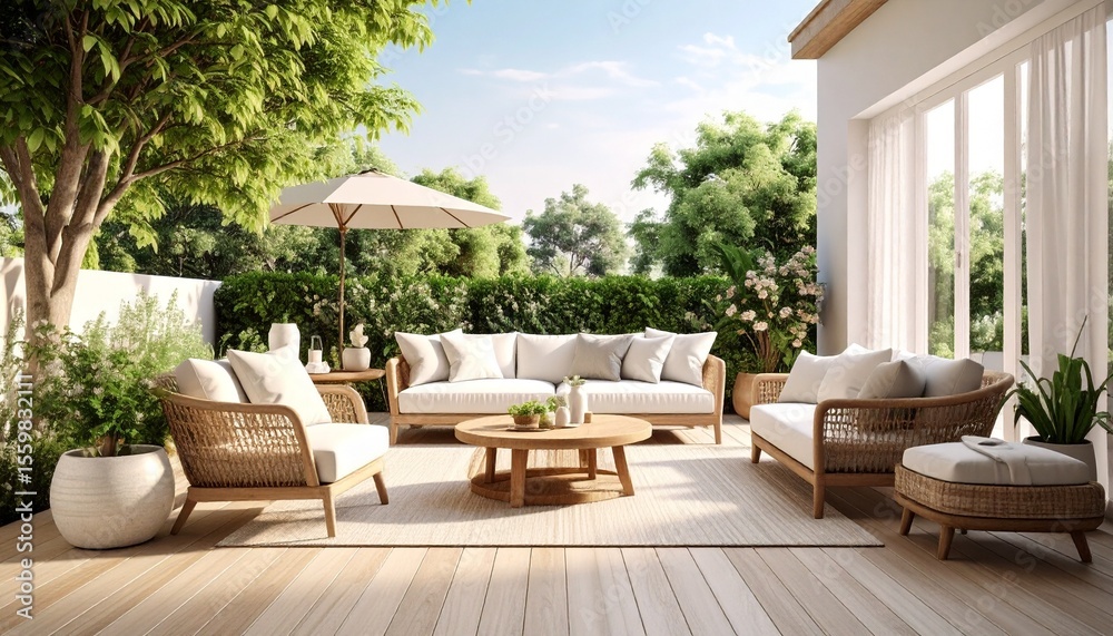 Serene outdoor living area featuring wooden floor and elegant rattan furniture for relaxation