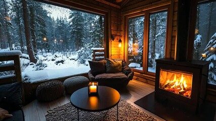 Poster - Cozy winter cabin living room with fireplace and snow-covered landscape view.