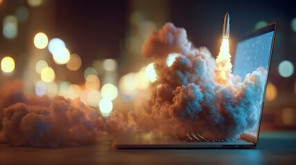 Poster - Rocket launch from laptop screen concept for startup business growth technology innovation and success