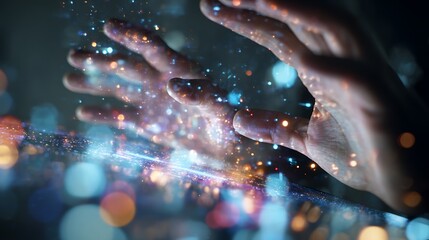 Poster - Hands reaching for glowing particles abstract digital art wallpaper background technology concept design