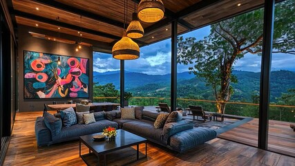 Poster - Modern living room with panoramic mountain views