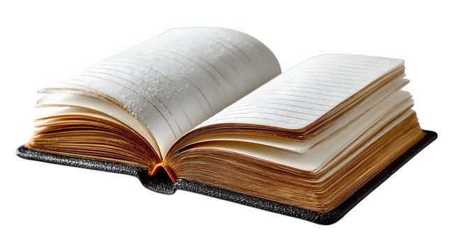 Open antique book with lined pages on transparent background
