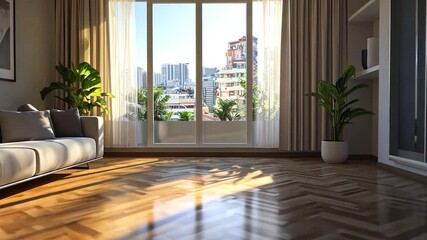 Poster - Modern living room interior with city view.
