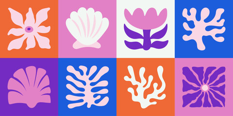 Aufkleber - Vector shapes  in simple floral wavy and groovy naive style, ocean and vacation theme,  flowers and plants, floral botanic hand drawn design templates, modern art prints, surface design