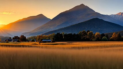Poster - Sunrise over a field with mountains and communication tower
